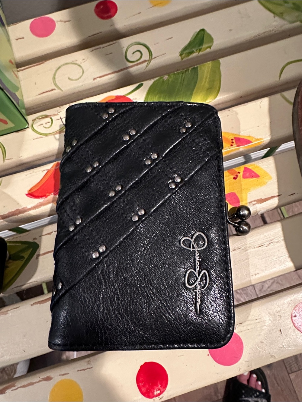 Jessica Simpson Black Quilted Studded Coin Purse Wallet with Kiss Lock